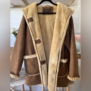 Jones New York Brown Faux Fur Suede Coat w Hood Medium